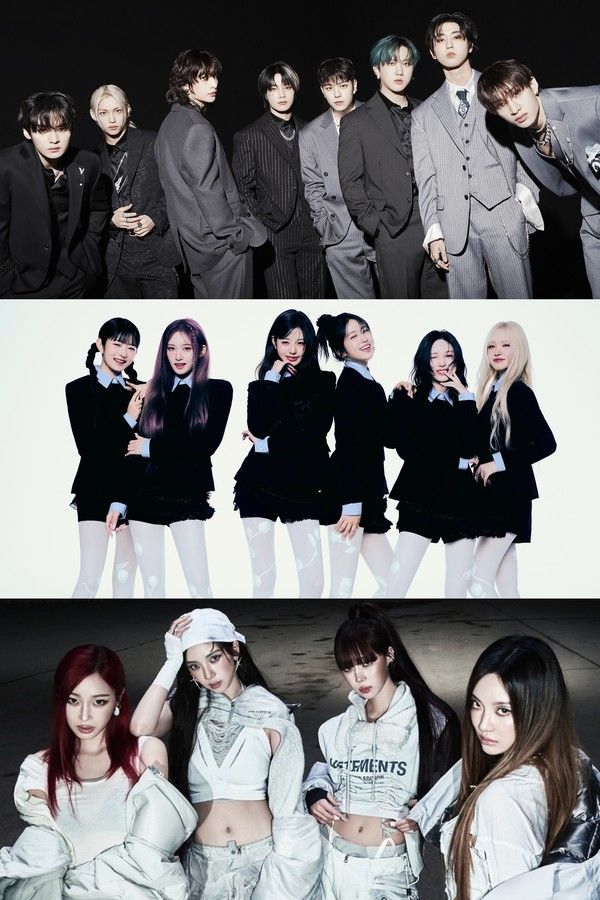 [사진 제공(팀명 가나다 순) = JYP엔터테인먼트(스트레이 키즈), 스타쉽엔터테인먼트(아이브), SM엔터테인먼트(에스파)]  