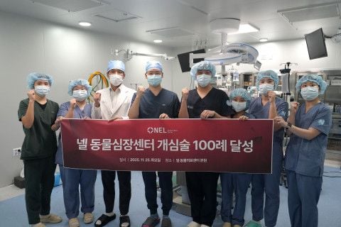 엄태흠 원장(왼쪽 네 번째)을 비롯한 넬동물심장센터 수술팀이 개심술 100례 달성을 기념하고 있다.