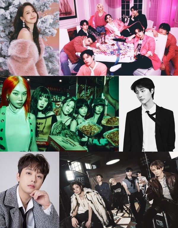 [사진 = 쏘스뮤직(르세라핌), KOZ 엔터테인먼트(보이넥스트도어), JYP엔터테인먼트(스트레이 키즈), EDAM엔터테인먼트(우즈), SM엔터테인먼트(윤아), 티엔엔터테인먼트(이찬원) 제공] 