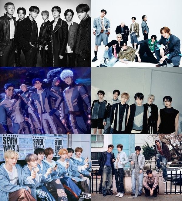 [사진 = 빅히트 뮤직(방탄소년단·코르티스), JYP엔터테인먼트(스트레이 키즈), 블래스트(플레이브), SM엔터테인먼트(엔시티 위시), 웨이크원(알파드라이브원) 제공]   