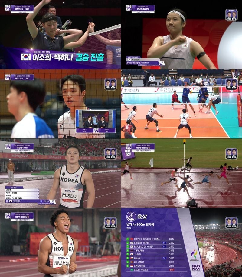 KBS가 중계한 ‘2026 아이치-나고야 아시안게임’에서 남자 육상 4X100m 계주 대표팀이 실격에서 기사회생하는 우여곡절 끝에 소중한 동메달을 목에 걸었다. 또한, 남자 배구 대표팀도 '버스 이슈'를 딛고 3대1로 대만을 꺾었다. 배드민턴 여자단식 세계랭킹 1위 안세영, 여자복식 이소희·백하나 팀의 결승 진출 현장 또한 생중계됐다. 28일(월) 이치노미야 시립체육관에서 열린 '2026 아이치-나고야 아시안게임' 배드민턴 여자단식 준결승은 하태권·
